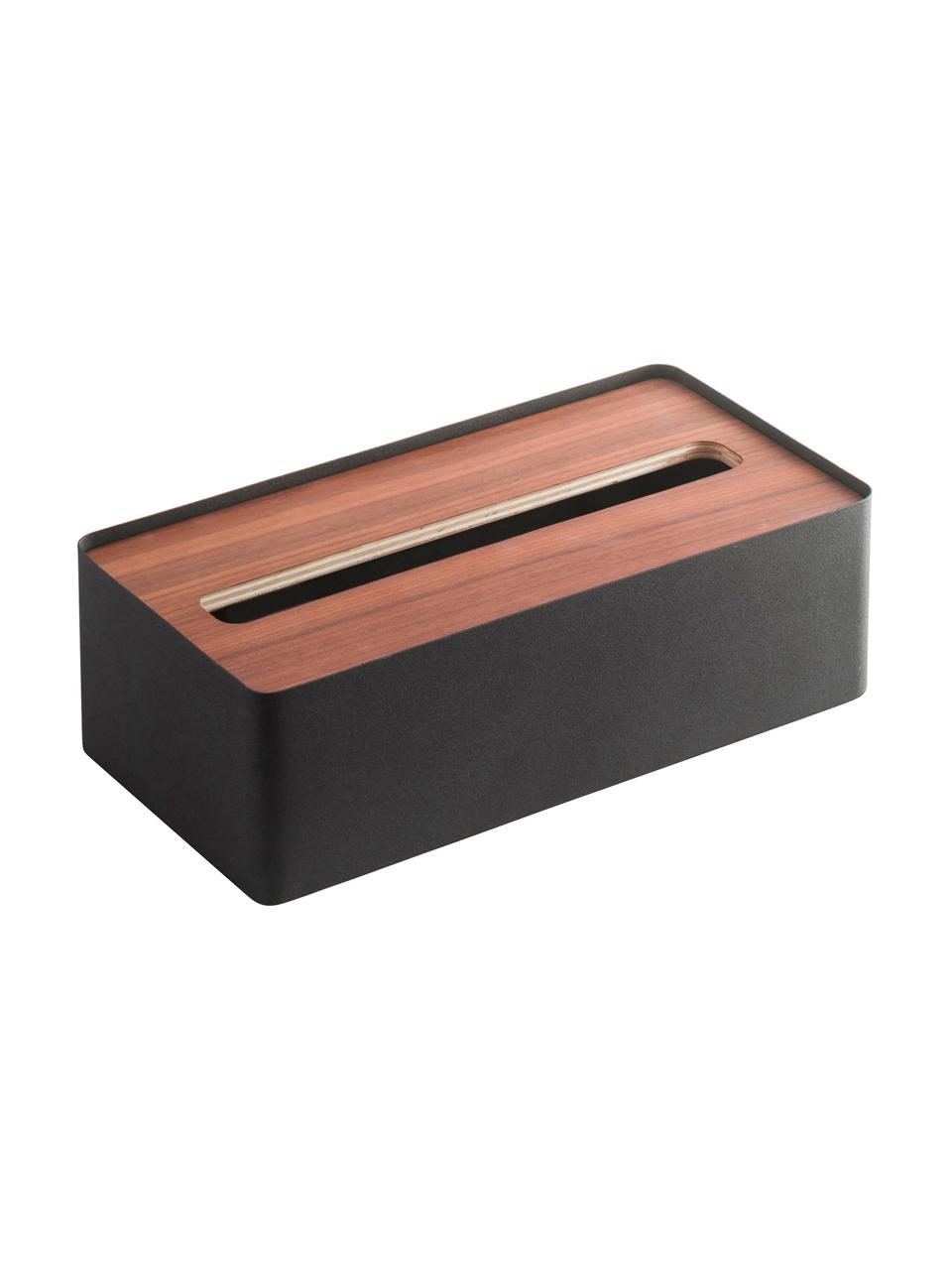 Kosmetiktuchbox Rin mit abnehmbaren Bambus-Deckel, Deckel: Holz, Box: Stahl, lackiert, Schwarz, Dunkelbraun, B 26 x H 8 cm