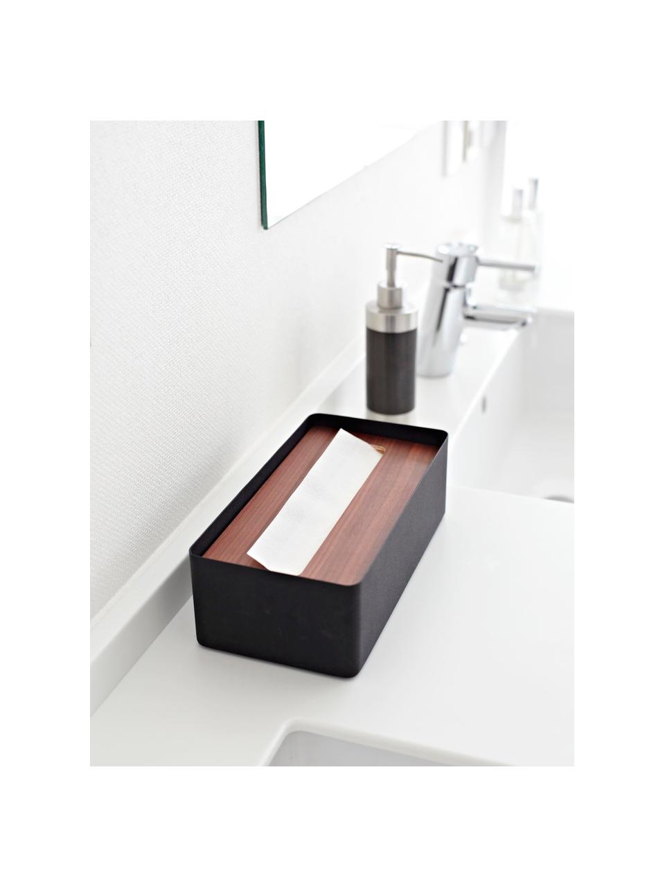Kosmetiktuchbox Rin mit abnehmbaren Bambus-Deckel, Deckel: Holz, Box: Stahl, lackiert, Schwarz, Nougat, B 26 x T 13 cm