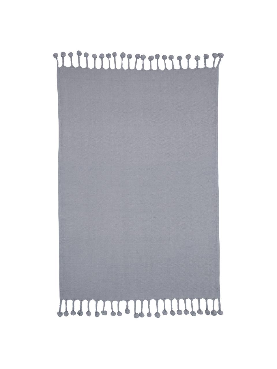 Plaid Sorbet in Grau mit Pompoms, 100% Baumwolle, Hellgrau, 130 x 170 cm