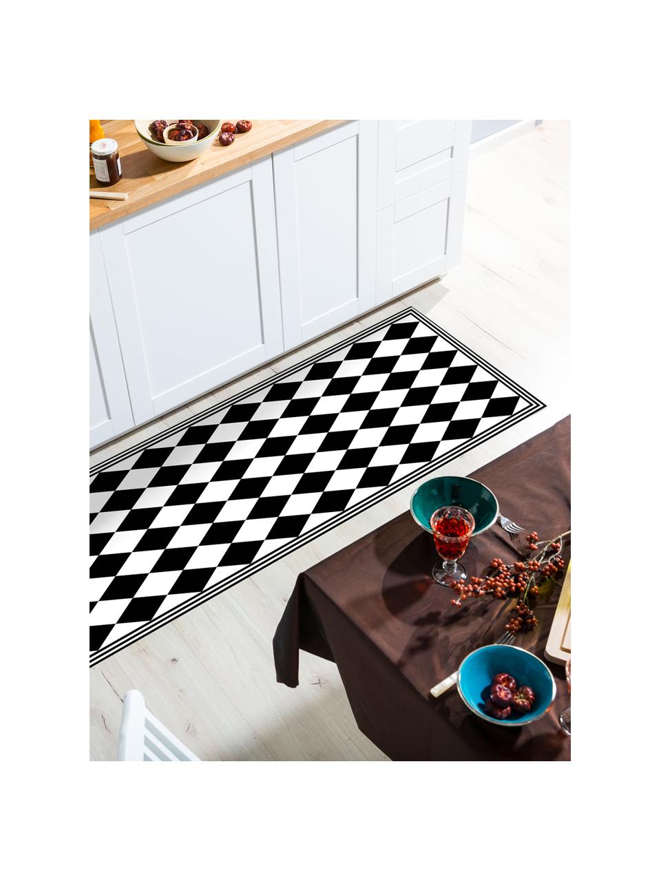 Vlakke vinyl vloermat Bobby II, antislip, Recyclebaar vinyl, Zwart, wit, B 65 x L 255 cm