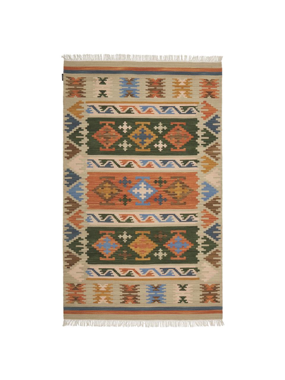 Ręcznie tkany dywan kilim z wełny z frędzlami Olon, 100% wełna, Wielobarwny, S 125 x D 185 cm (Rozmiar S)