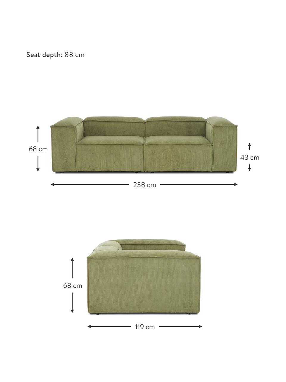 Divano componibile 3 posti in velluto a coste Lennon, Rivestimento: velluto a coste (92% poli, Struttura: legno di pino massiccio, , Piedini: plastica, Velluto a coste verde, Larg. 238 x Prof. 119 cm
