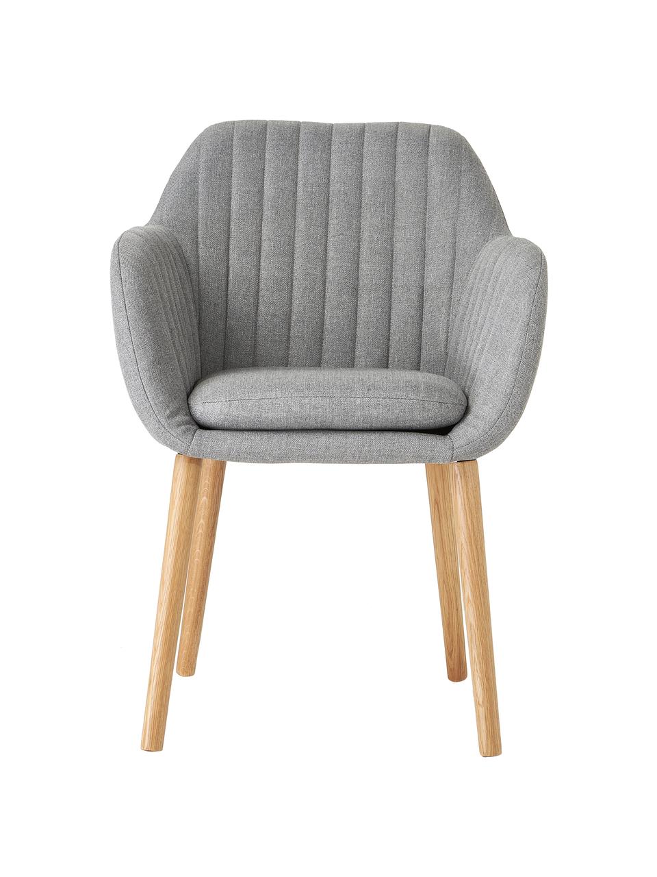 Sedia con braccioli e gambe in legno Emilia, Rivestimento: poliestere Con 25.000 cic, Gambe: legno di quercia trattato, Tessuto grigio chiaro, legno di quercia, Larg. 57 x Prof. 59 cm