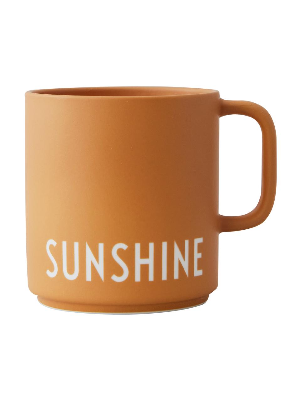 Dizajnová kávová šálka s nápisom Favourite SUNSHINE, Horčičová, biela