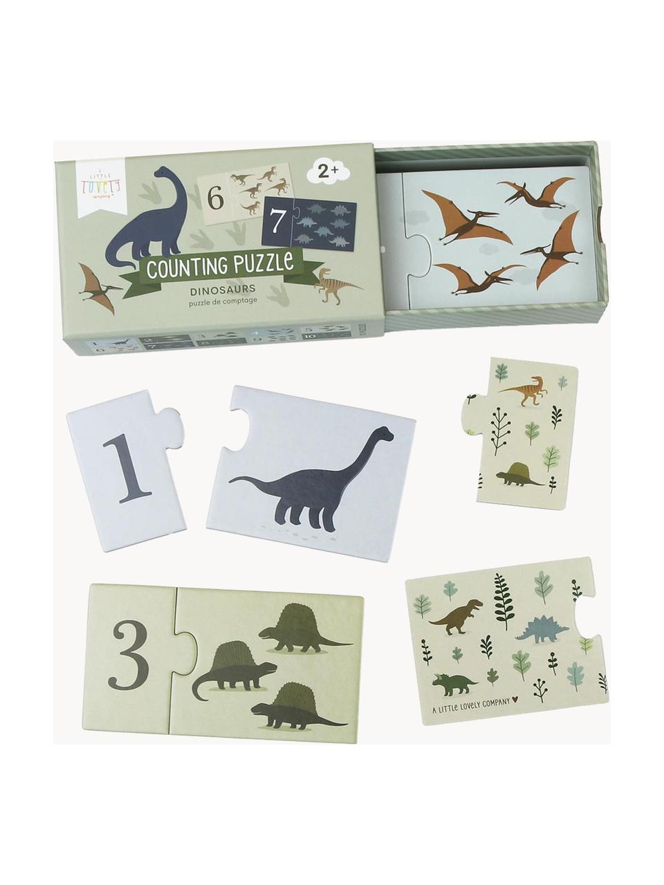 Puzzle per imparare i numeri Dinosaurs, Cartone, Verde oliva, multicolore, Larg. 17 x Alt. 10 cm