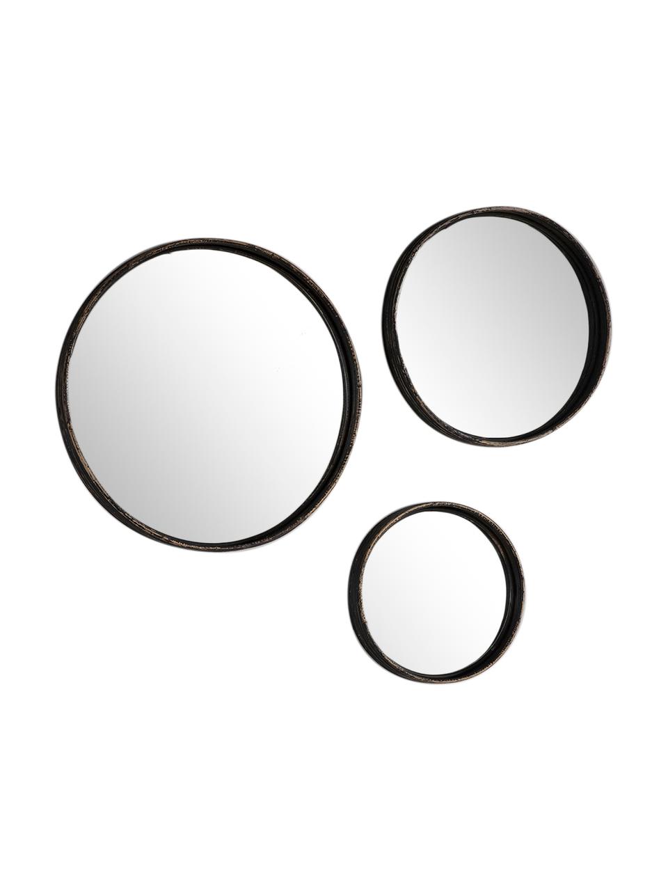 Set de espejos de pared redondos Ricos, 3 pzas., Espejo: cristal, Marrón oscuro, negro, Set de diferentes tamaños