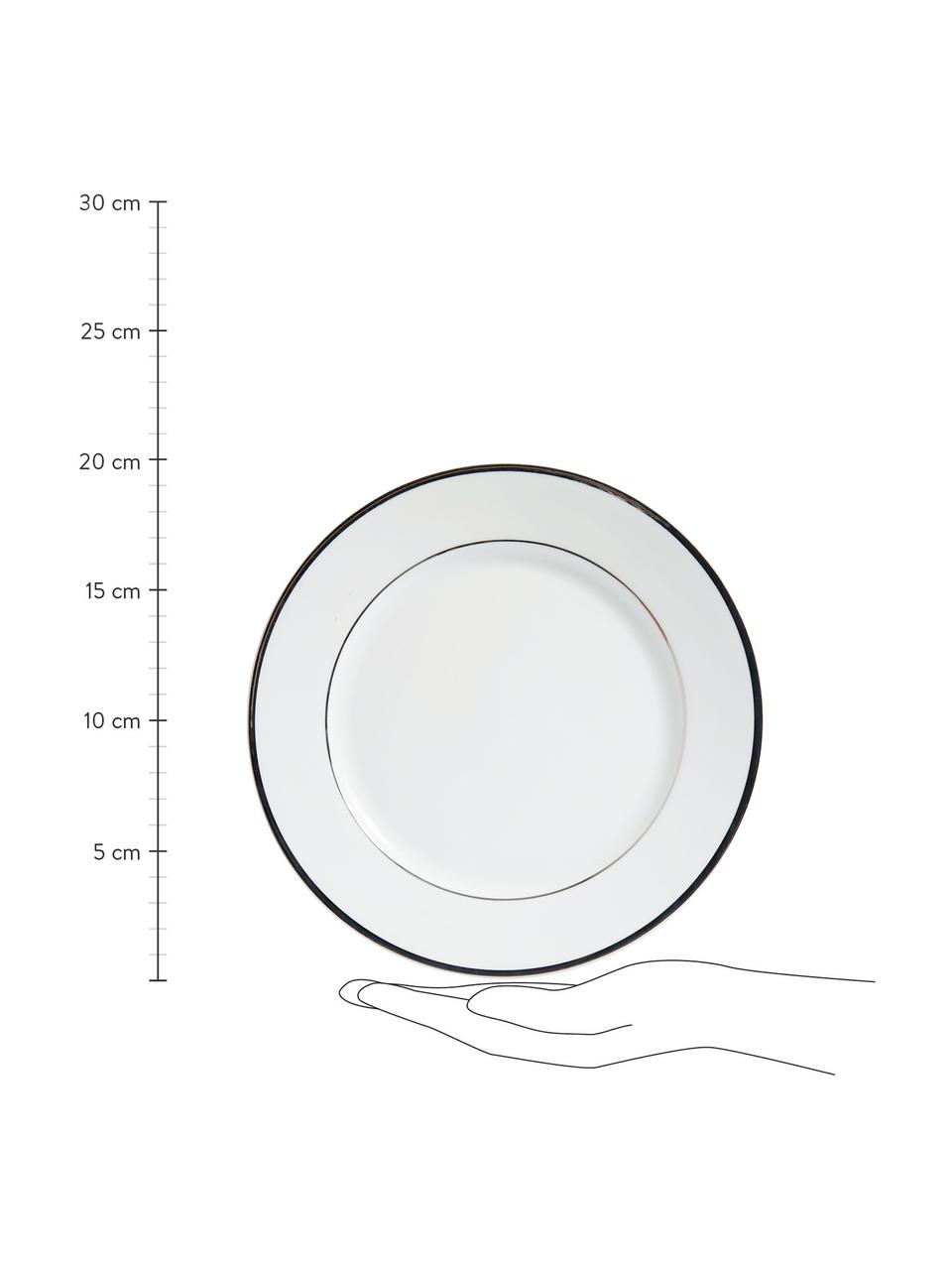 Porseleinen ontbijtborden Ginger met zilveren rand rand, 6 stuks, Porselein, Wit, zilverkleurig, Ø 20 cm