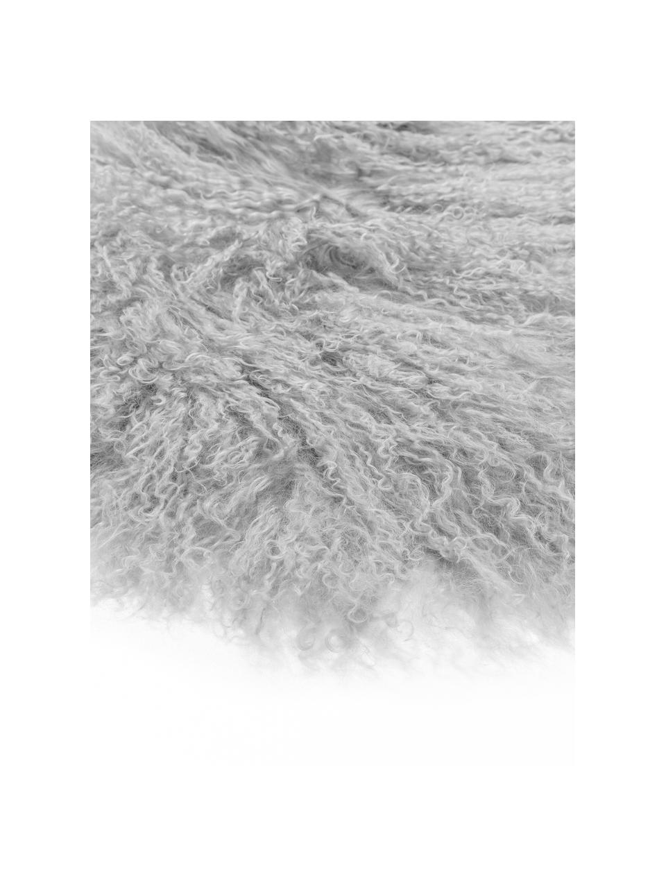 Langhaar-Lammfell-Teppich Ella, gelockt, Vorderseite: Mongolisches Lammfell, Rückseite: Leder, Hellgrau, 50 x 160 cm