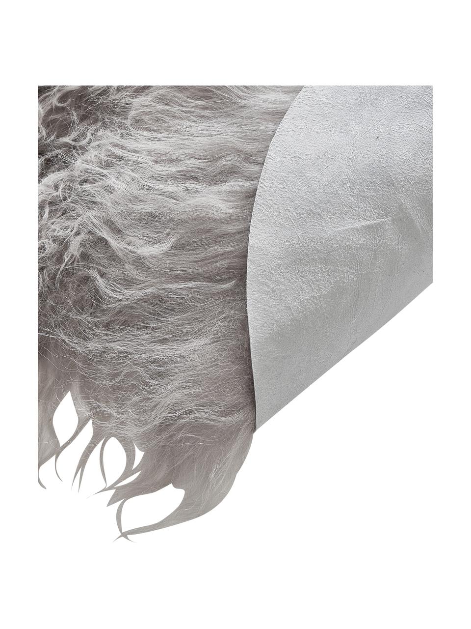 Langhaar-Lammfell-Teppich Ella, gelockt, Vorderseite: Mongolisches Lammfell, Rückseite: Leder, Grau, B 50 x L 160 cm