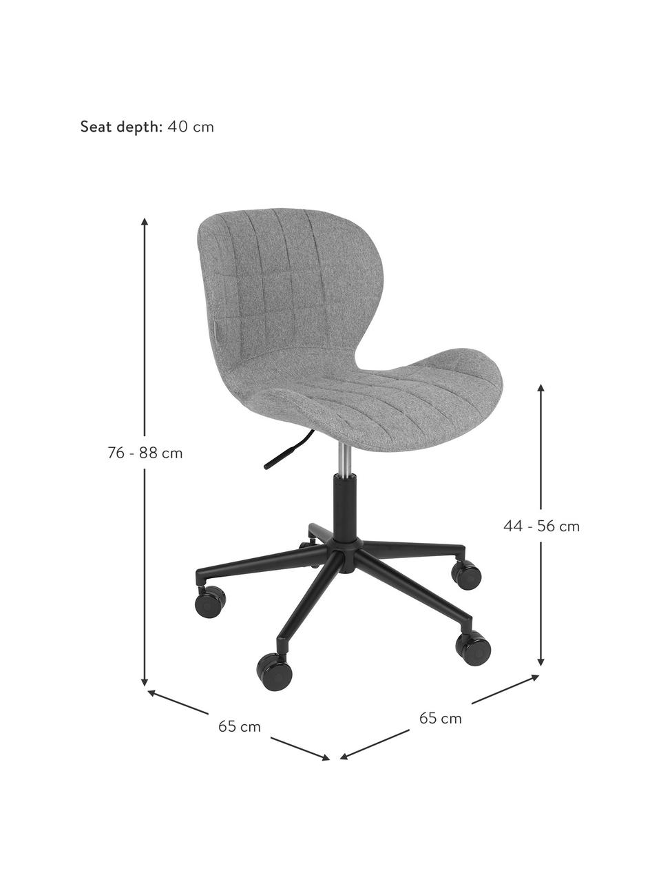 Bureaustoel OMG, in hoogte verstelbaar, Bekleding: polyester, Frame: gepoedercoat staal, Bekleding: lichtgrijs. Voetstuk met wieltjes: zwart, B 65 x H 76 cm