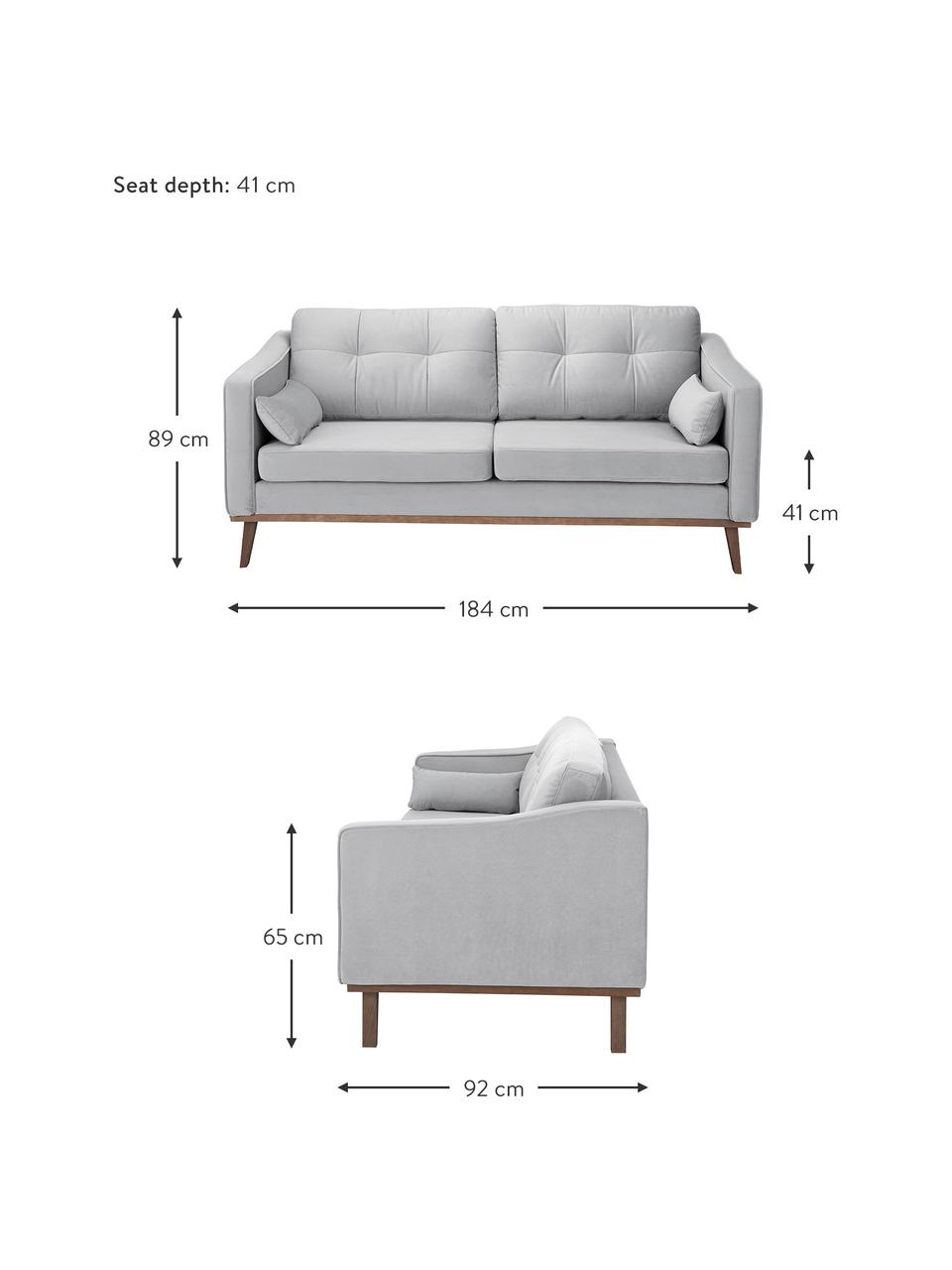 Samt-Sofa Alva (2-Sitzer) in Grau mit Holz-Füssen, Bezug: Samt (Hochwertiger Polyes, Gestell: Massives Kiefernholz, Samt Grau, B 184 x T 92 cm