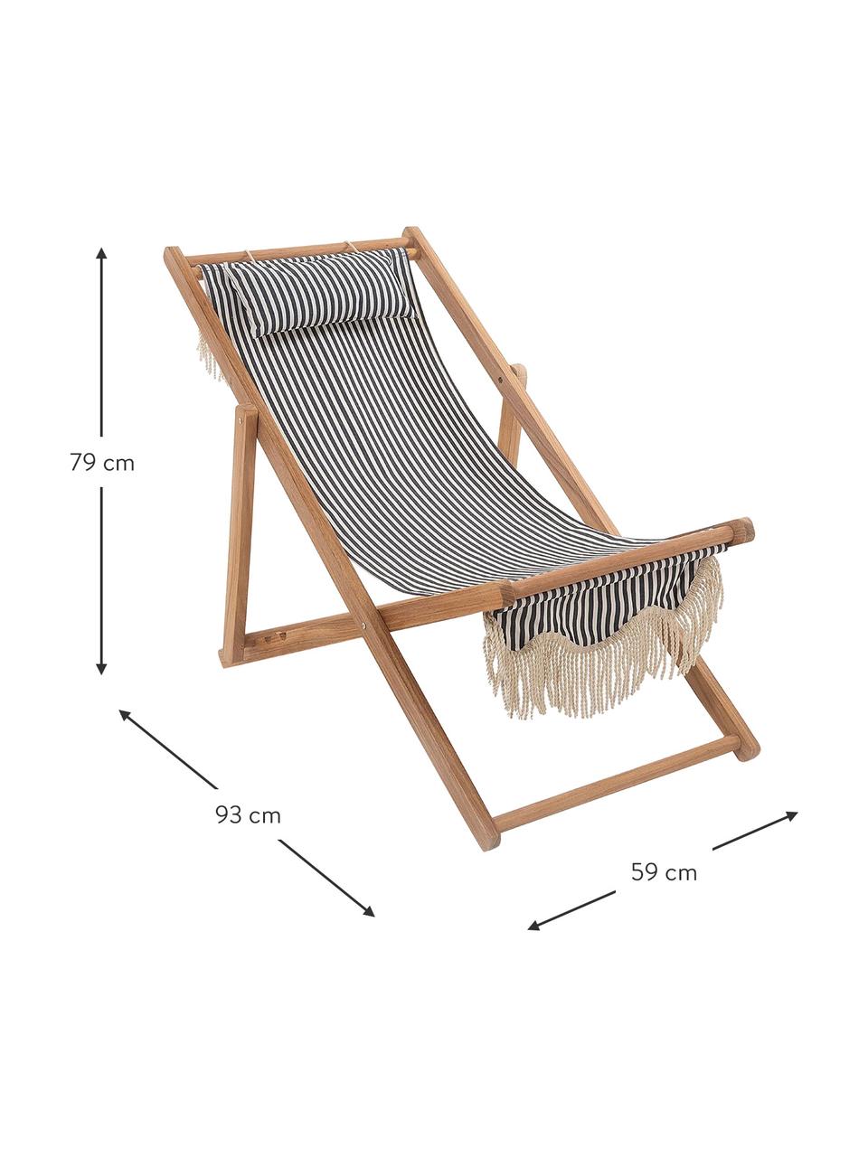 Tumbona plegable con flecos Sling, Asiento: 50% algodón, 50% poliéste, Flecos: algodón, Estructura: madera, Madera clara, azul marino, blanco, An 59 x Al 79 cm