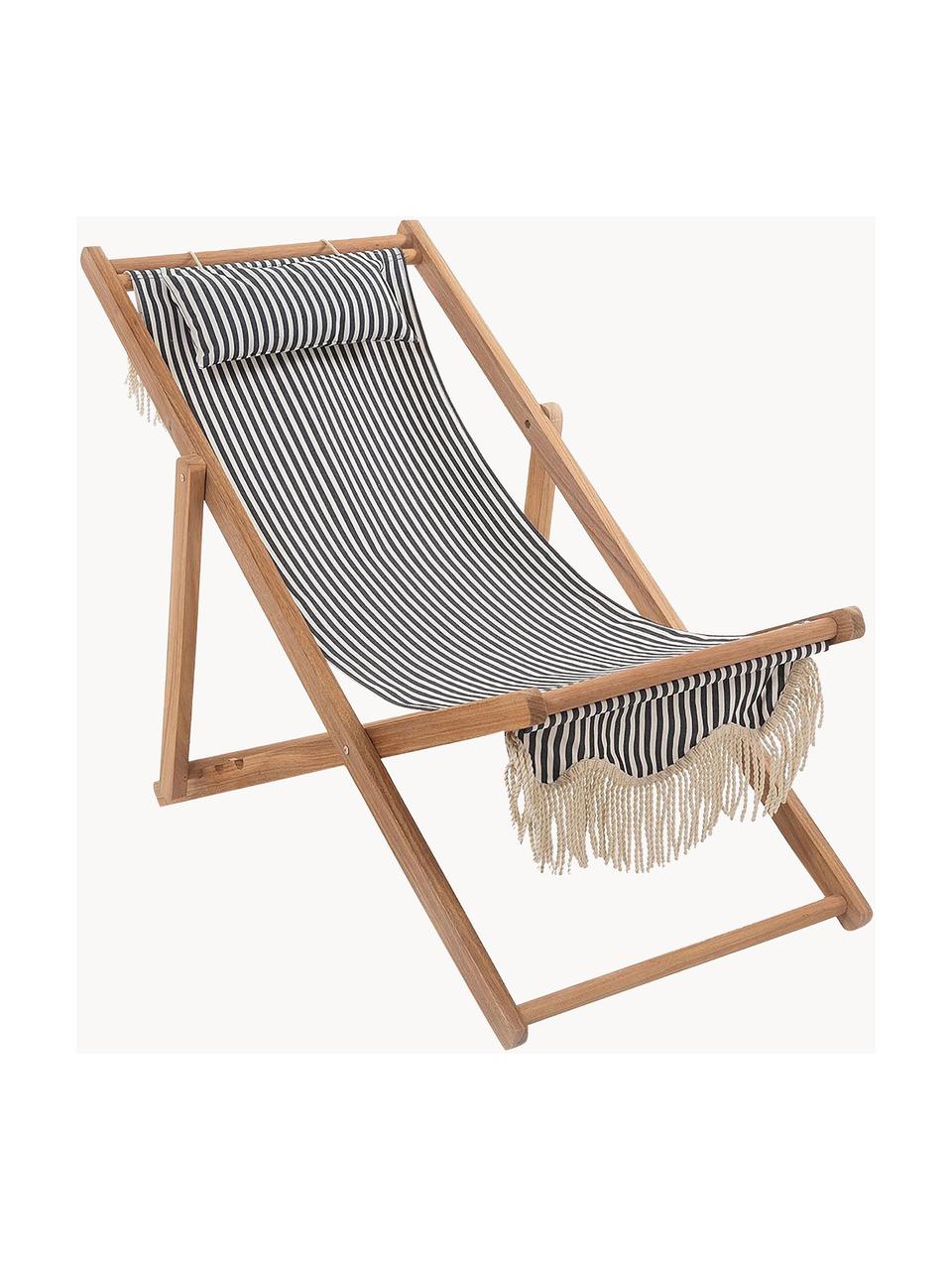 Inklapbare ligstoel Sling met franjes, Franjes: katoen, Frame: hout, Licht hout, marineblauw, wit, B 59 x H 79 cm