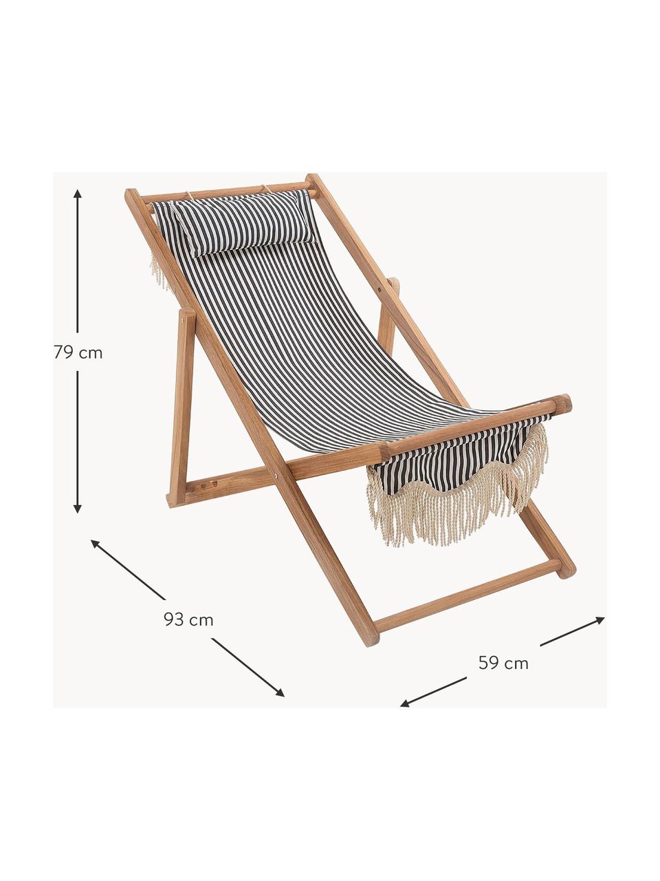 Inklapbare ligstoel Sling met franjes, Franjes: katoen, Frame: hout, Licht hout, marineblauw, wit, B 59 x H 79 cm