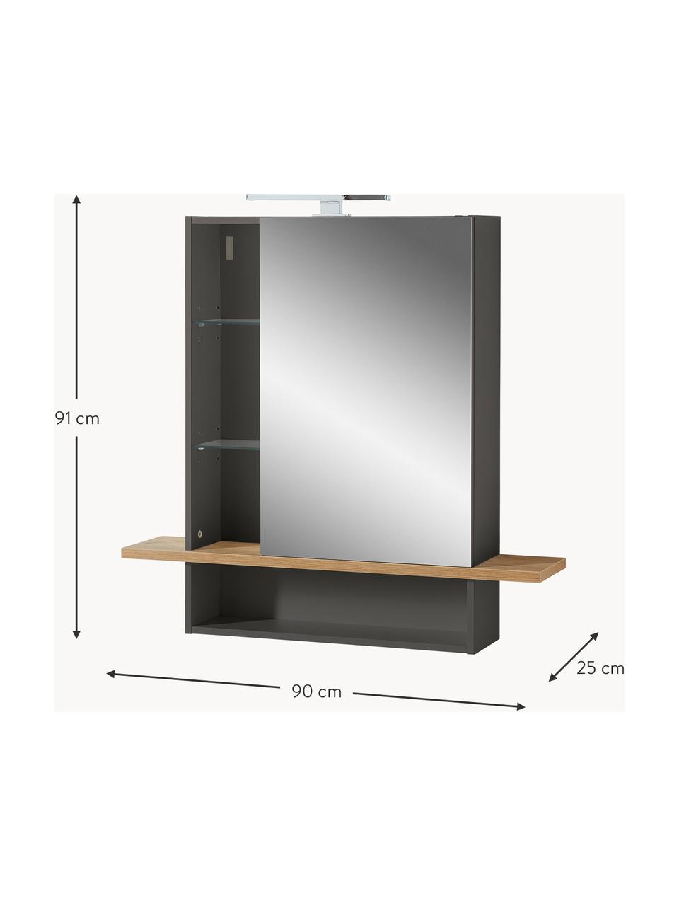 Meuble miroir de salle de bain avec éclairage LED Rodrigo, Noir, aspect bois de chêne, larg. 90 x haut. 91 cm