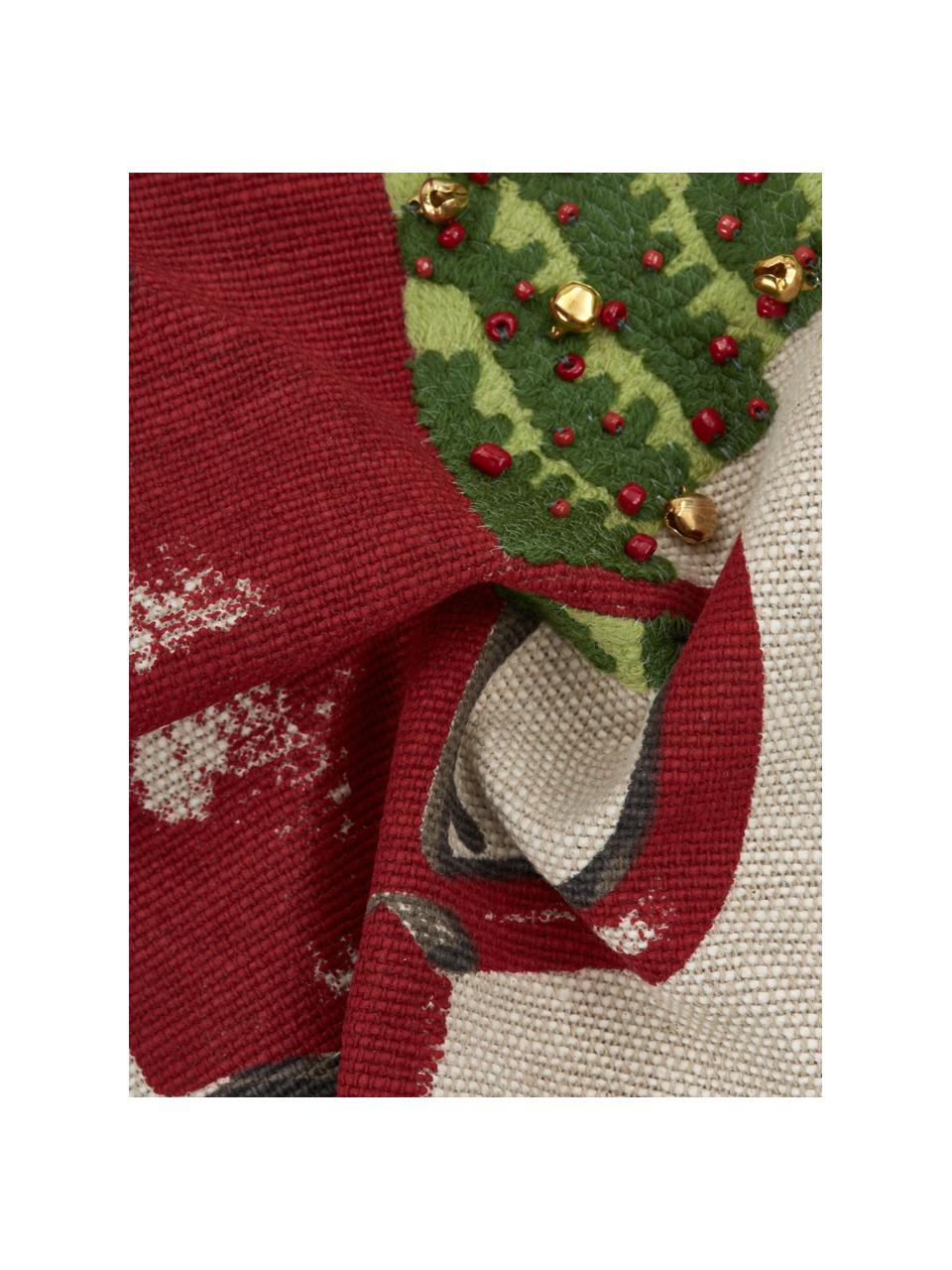 Kussenhoes Happy Holidays met fijne geborduurde details, 100% katoen, Beige, rood, groen, B 45 x L 45 cm