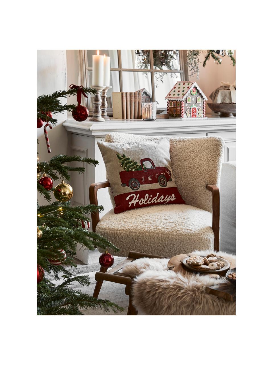 Kissenhülle Happy Holidays mit feinen bestickten Details, 100% Baumwolle, Beige, Rot, B 45 x L 45 cm