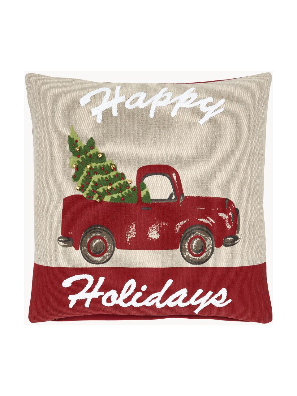 Kussenhoes Happy Holidays met fijne geborduurde details, 100% katoen, Beige, rood, groen, B 45 x L 45 cm