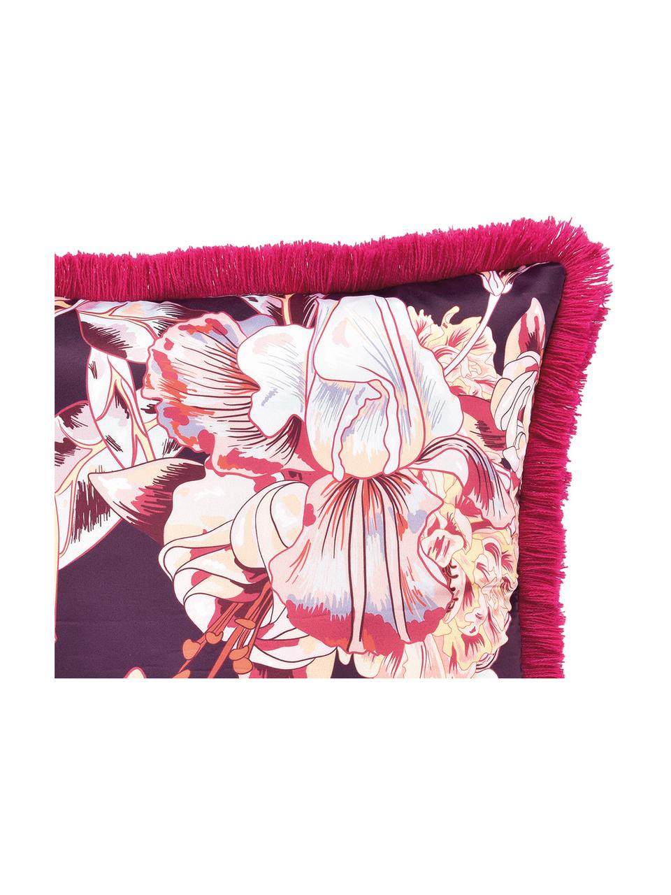 Housse de coussin en satin lilas rose et à franges Paradise, Fuchsia