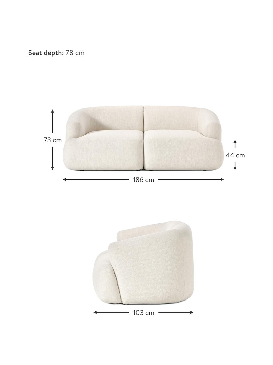 Sofa modułowa Sofia (2-osobowa), Tapicerka: 100% polipropylen Dzięki , Stelaż: drewno świerkowe, płyta w, Nogi: tworzywo sztuczne, Kremowobiała tkanina, S 186 x G 103 cm