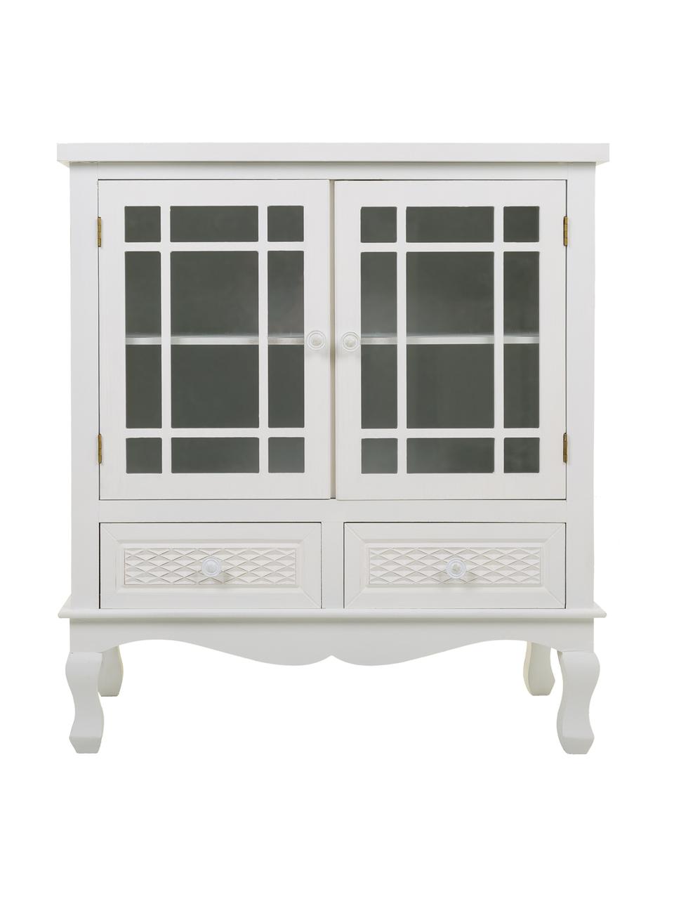 Credenza in legno di pino bianco Ona, Maniglie: metallo rivestito, Legno di pino, bianco verniciato, finitura antica, Larg. 75 x Alt. 84 cm