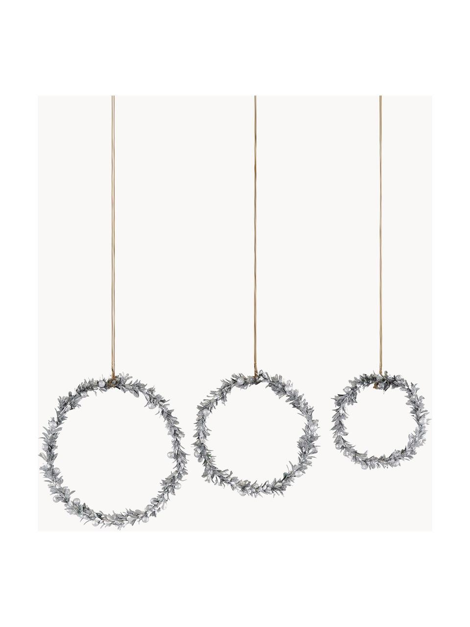 Decoratieve hanger Laurel, set van 3, Kunstvezel, metaal, hout, Zilverkleurig, Set met verschillende formaten