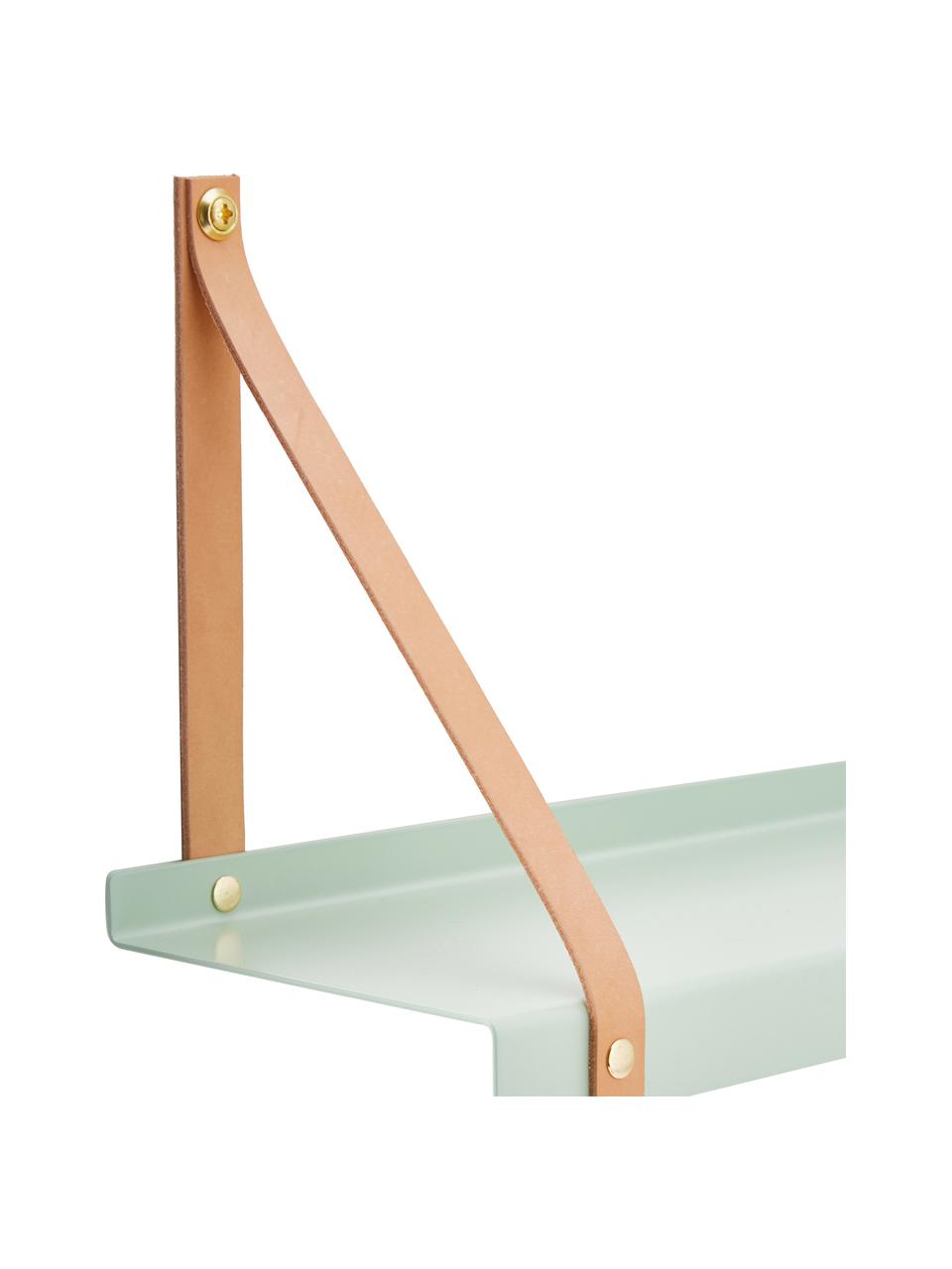 Metalen wandplank Shelfie met leren riemen, Plank: gepoedercoat metaal, Riemen: leer, Mintgroen, bruin, 50 x 23 cm