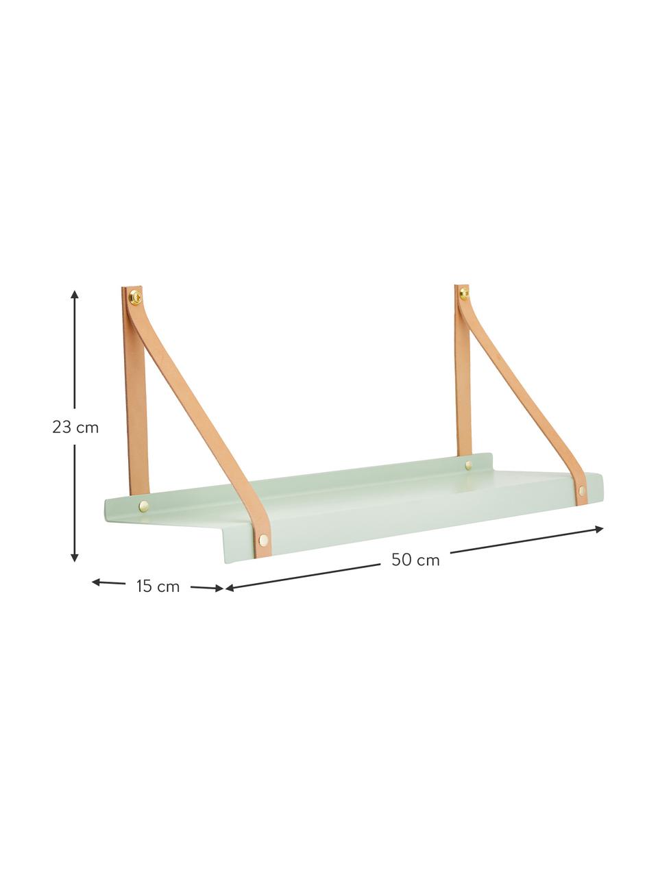 Metalen wandplank Shelfie met leren riemen, Plank: gepoedercoat metaal, Riemen: leer, Mintgroen, bruin, 50 x 23 cm