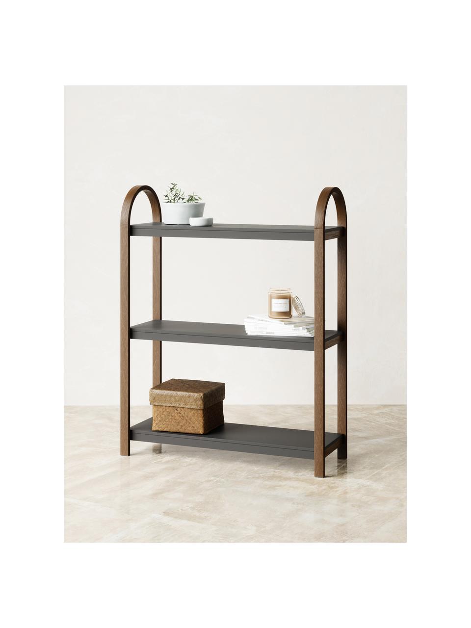 Étagère en métal avec cadre en bois Bellwood, Noir, bois foncé, larg. 72 x haut. 90 cm