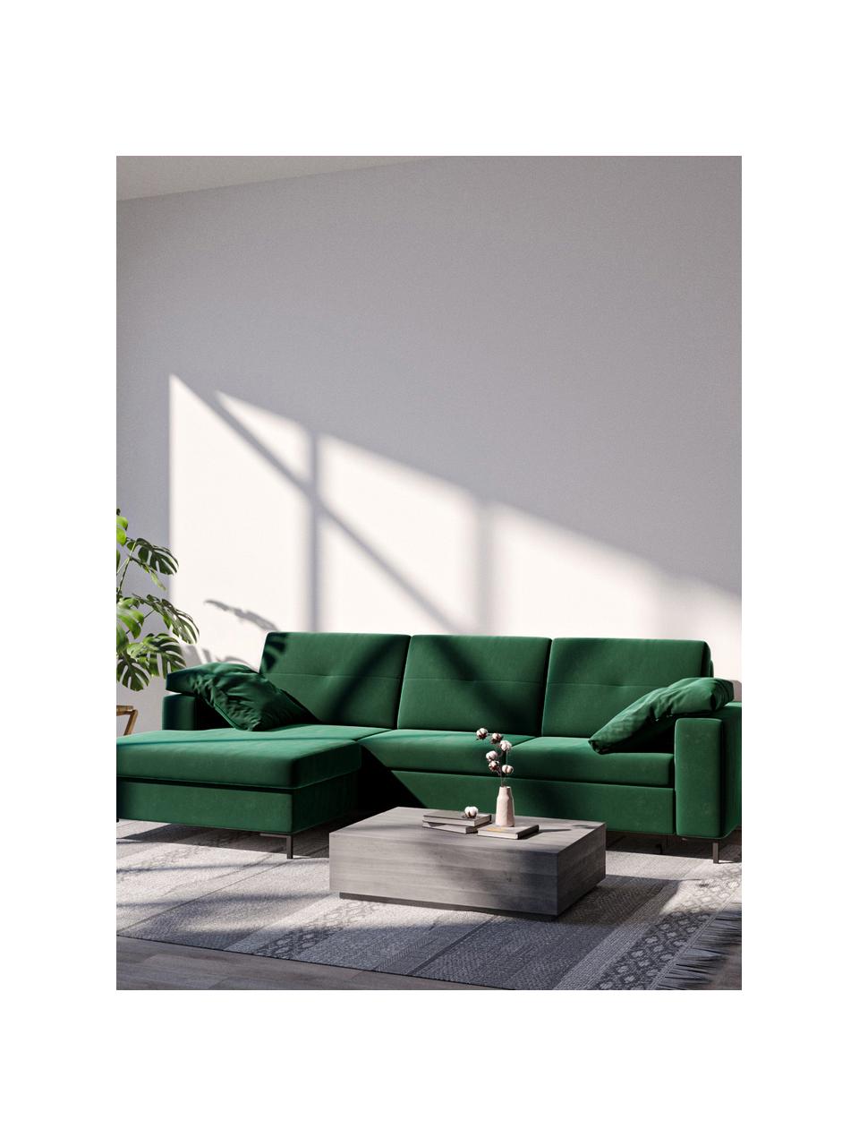 Divano letto angolare in tessuto verde scuro con contenitore Moor, Rivestimento: 100% poliestere con siste, Struttura: legno duro, legno tenero,, Piedini: legno verniciato Il rives, Verde scuro, Larg. 260 x Prof. 162 cm