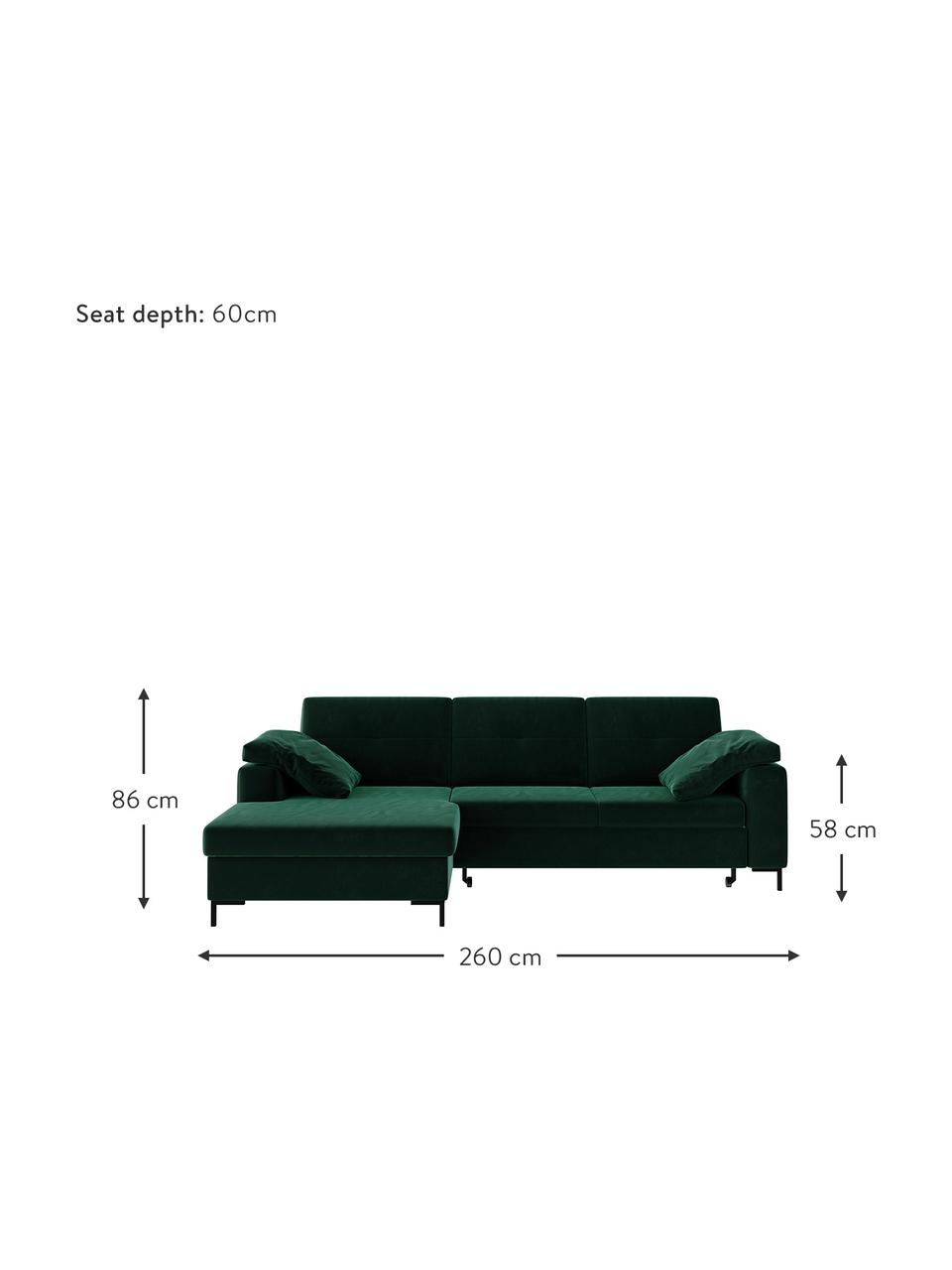 Divano letto angolare in tessuto verde scuro con contenitore Moor, Rivestimento: 100% poliestere con siste, Struttura: legno duro, legno tenero,, Piedini: legno verniciato Il rives, Verde scuro, Larg. 260 x Prof. 162 cm