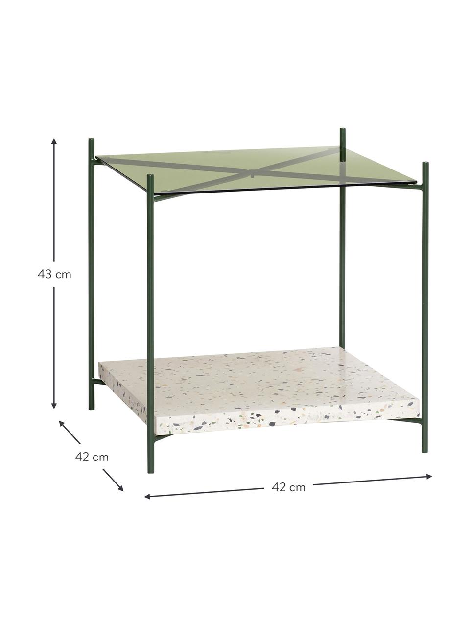 Glazen bijzettafel Niche in groen met terrazzo, Tafelblad: glas, Plank: terrazzo, Frame: gecoat metaal, Groen, B 42 x H 43 cm