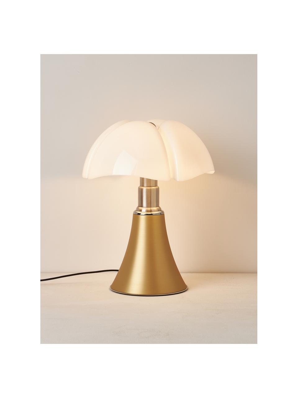 Veľká stmievateľná stolová LED lampa Pipistrello, Odtiene matnej zlatej, Ø 40 x V 50-62 cm