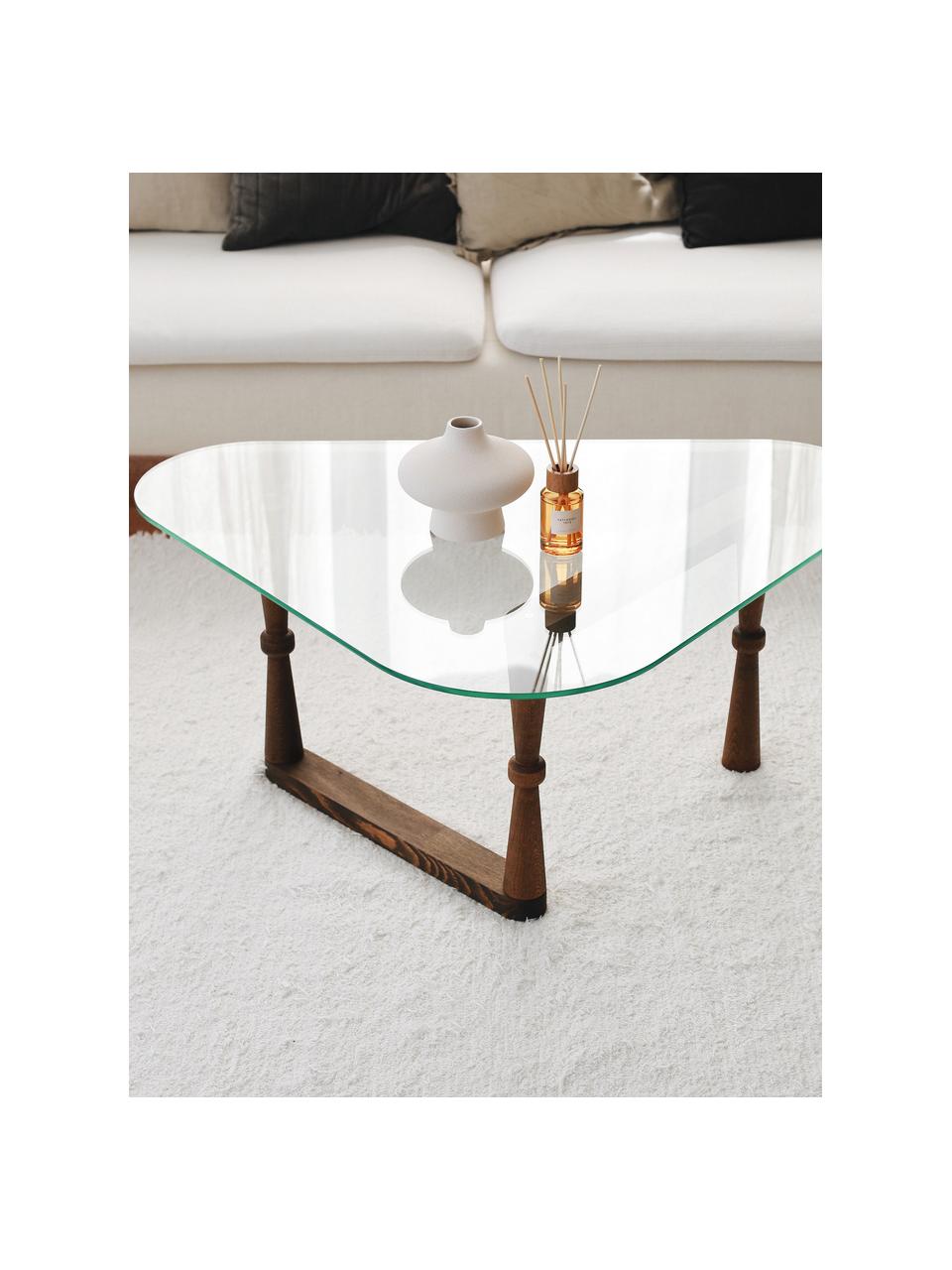 Stolik kawowy ze szklanym blatem NuO, Blat: szkło hartowane, Nogi: drewno, Ciemny drewno, transparentny, S 96 x W 41 cm