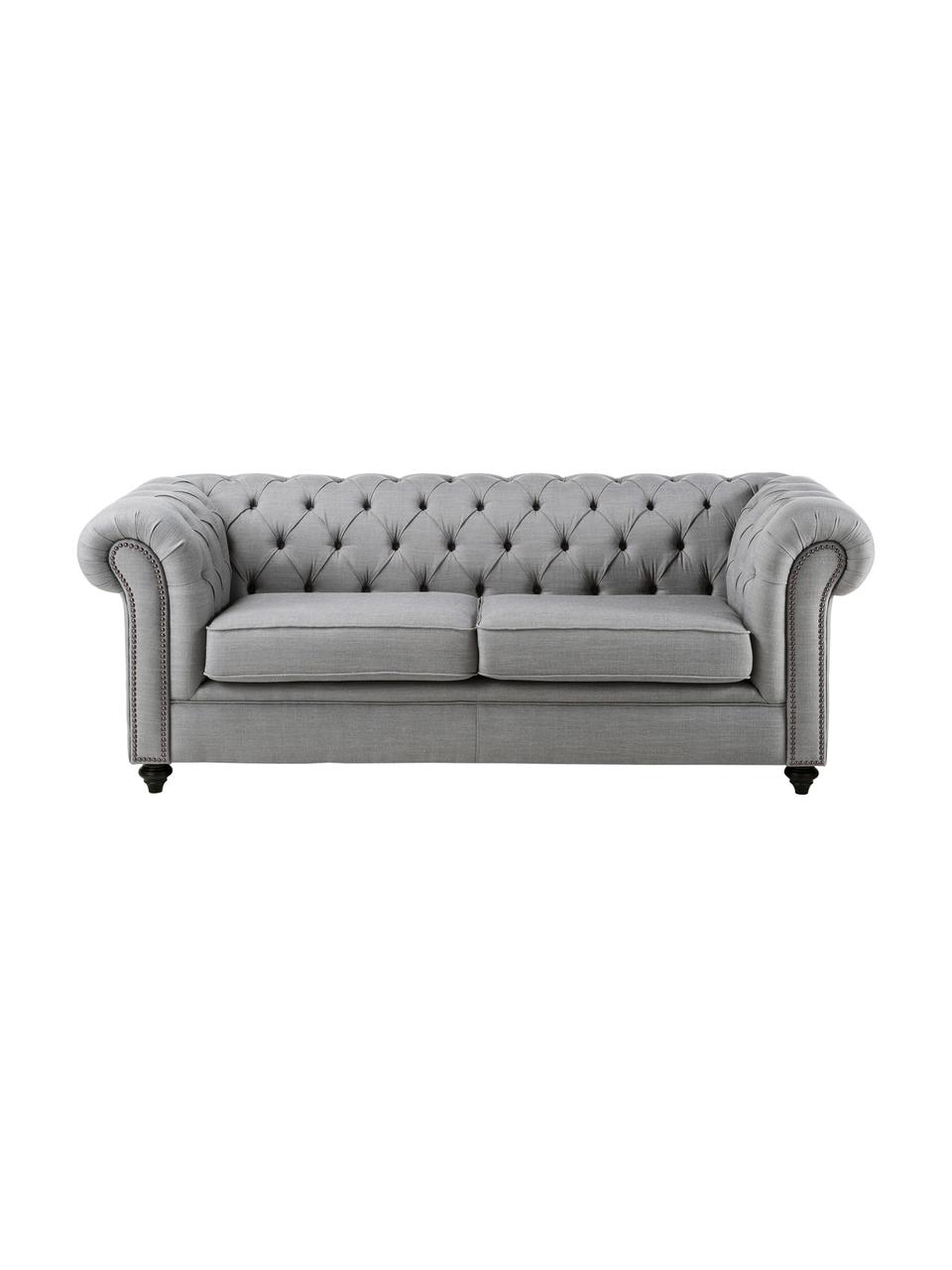 Chesterfield Sofa James (3-Sitzer), Gestell: Kiefer, Buche, Bezug: 15% Leinen, 85% Polyester, Beine: Buche, lackiert, Hellgrau, B 198 x T 85 cm