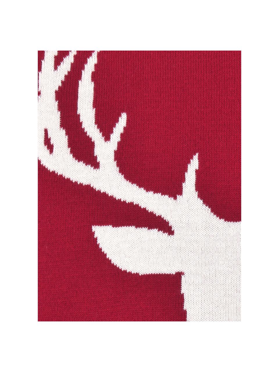 Strick-Kissenhülle Anders mit Hirschmotiv und Bommeln, Baumwolle, Rot, Cremeweiß, B 40 x L 40 cm