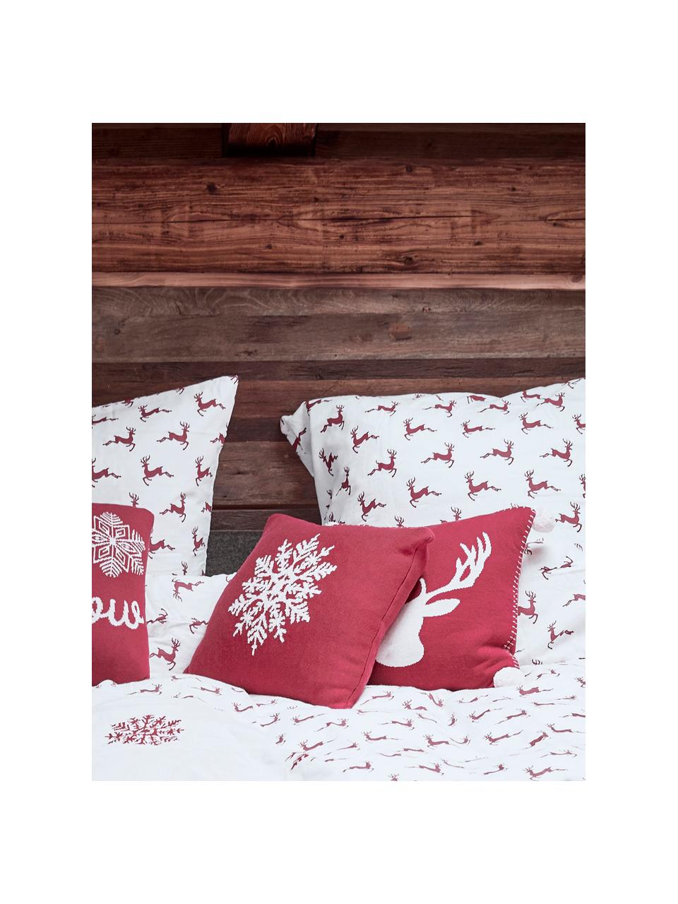 Pletený povlak na polštář s motivem jelena a bambulemi Anders, Bavlna, Červená, krémově bílá, Š 40 cm, D 40 cm