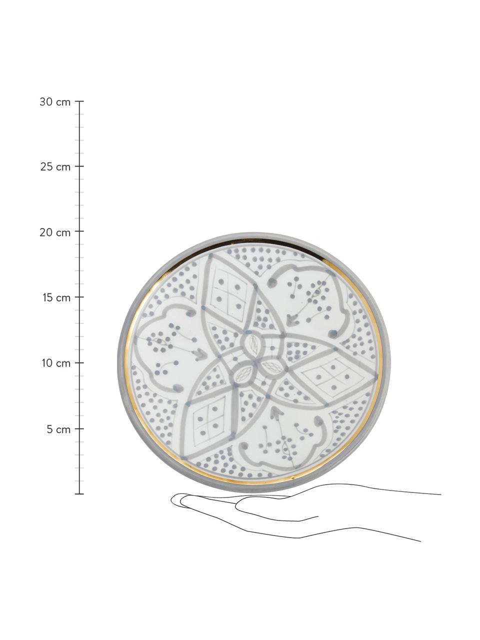 Handgemachter marokkanischer Frühstücksteller Beldi mit Goldrand, Keramik, Hellgrau, Cremefarben, Gold, Ø 20 cm