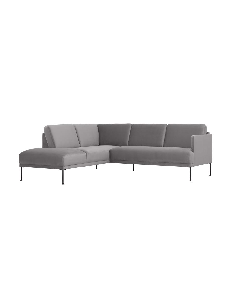 Divano angolare in velluto Fluente, Rivestimento: velluto (copertura in pol, Struttura: legno di pino massiccio, , Piedini: metallo verniciato a polv, Velluto grigio, Larg. 221 x Prof. 200 cm, chaise longue a sinistra