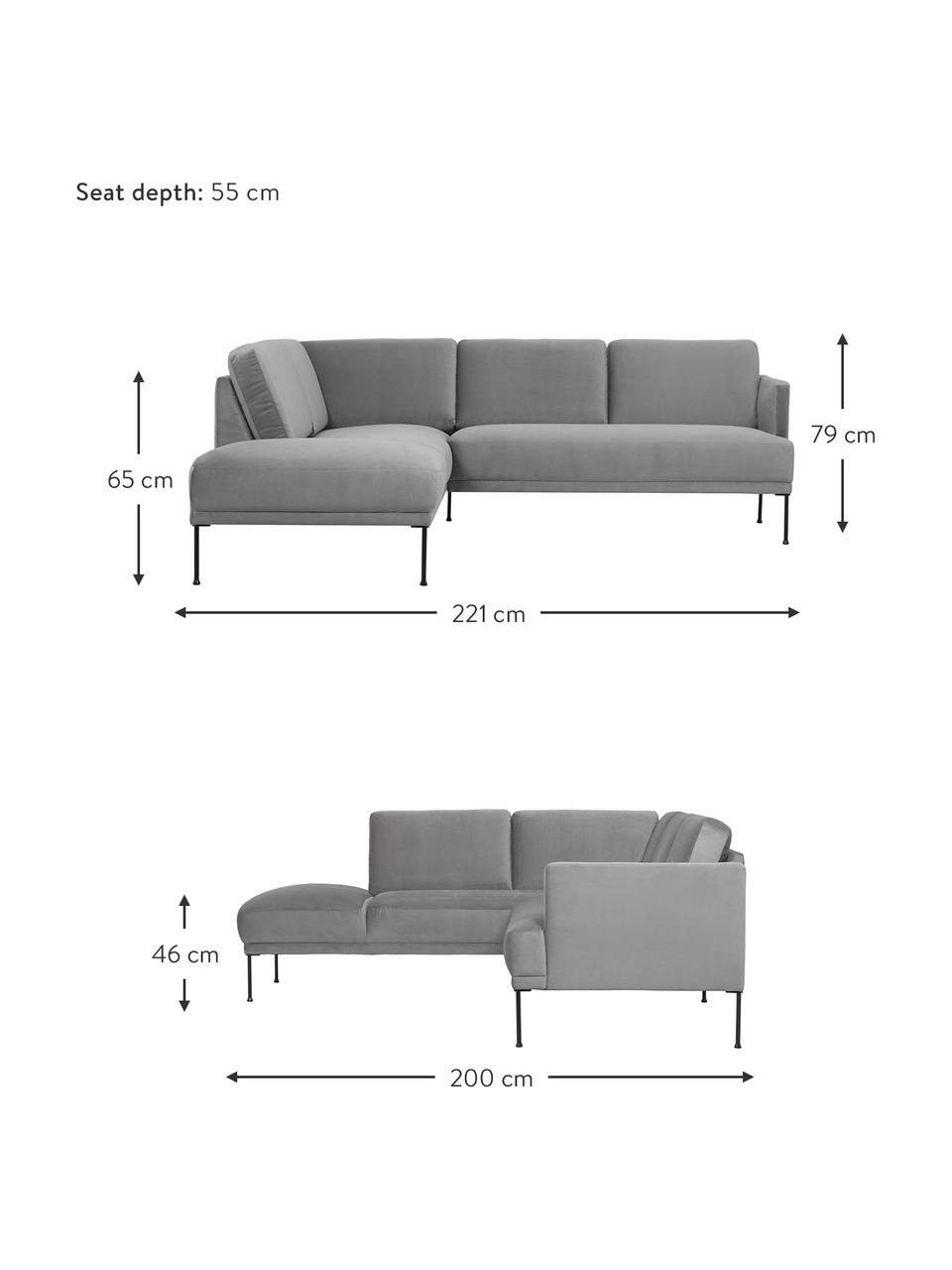 Fluwelen hoekbank Fluente met metalen poten, Bekleding: fluweel (hoogwaardig poly, Frame: massief grenenhout, FSC-g, Poten: gelakt metaal, Fluweel lichtgrijs, B 221 x D 200 cm, hoekdeel rechts
