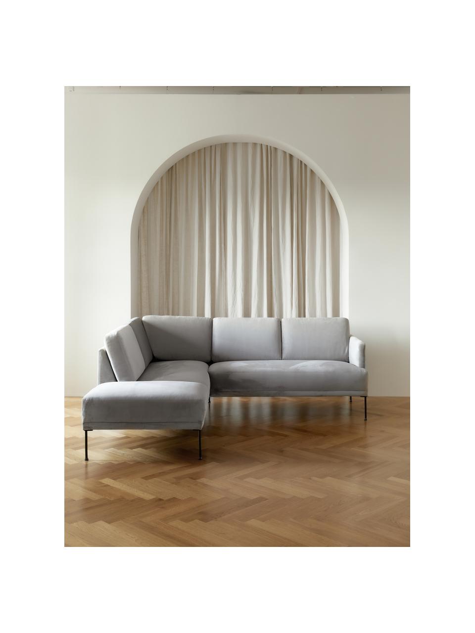 Canapé d'angle en velours pieds en métal Fluente, Velours gris clair, larg. 221 x prof. 200 cm, méridienne à gauche