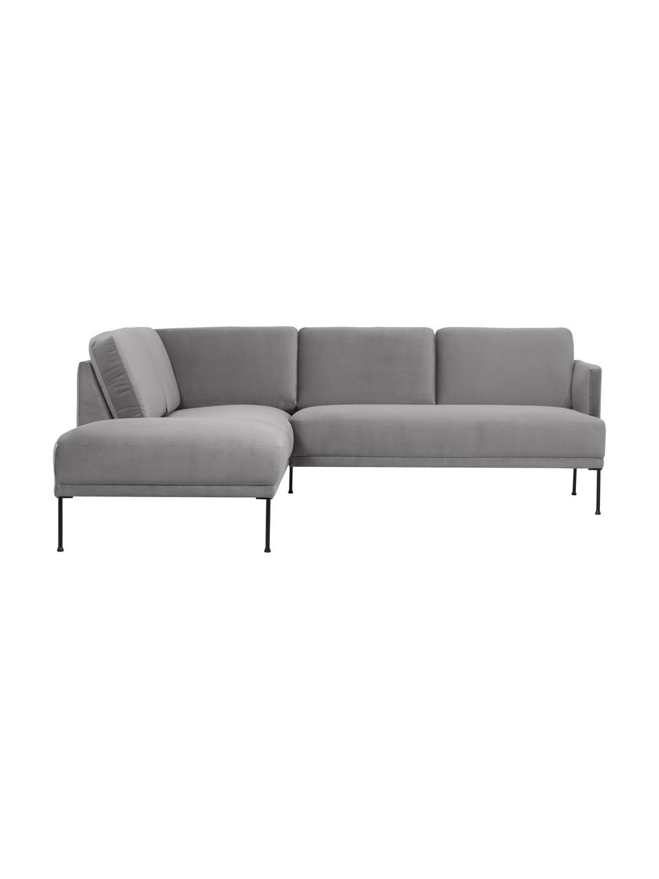 Divano angolare in velluto con piedini in metallo Fluente, Rivestimento: velluto (copertura in pol, Struttura: legno di pino massiccio, , Piedini: metallo verniciato a polv, Velluto grigio chiaro, Larg. 221 x Prof. 200 cm, chaise longue a sinistra