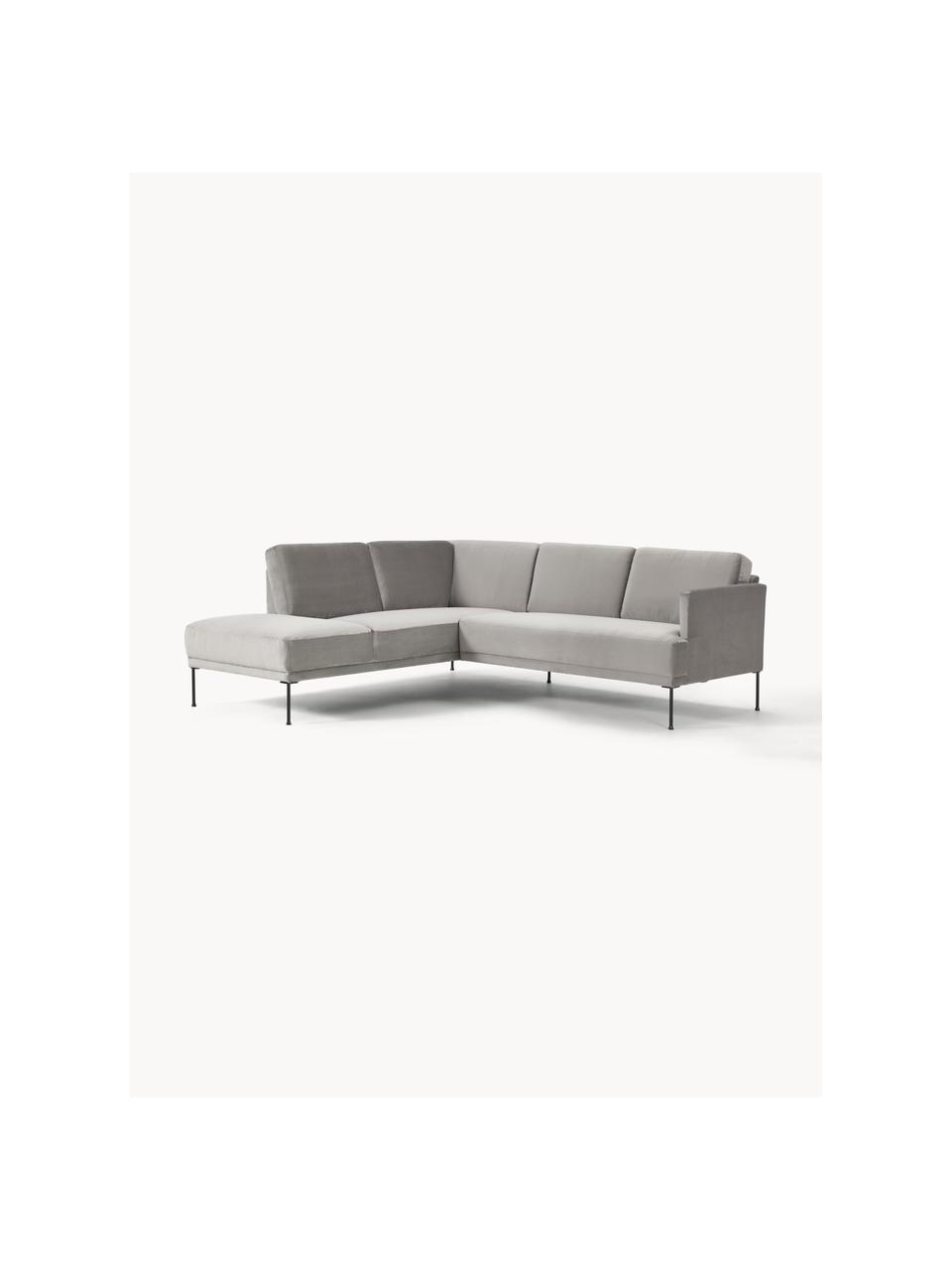 Sofa narożna z aksamitu Fluente, Tapicerka: aksamit (wysokiej jakości, Stelaż: lite drewno sosnowe, Nogi: metal malowany proszkowo , Szary aksamit, S 221 x G 200 cm, lewostronna