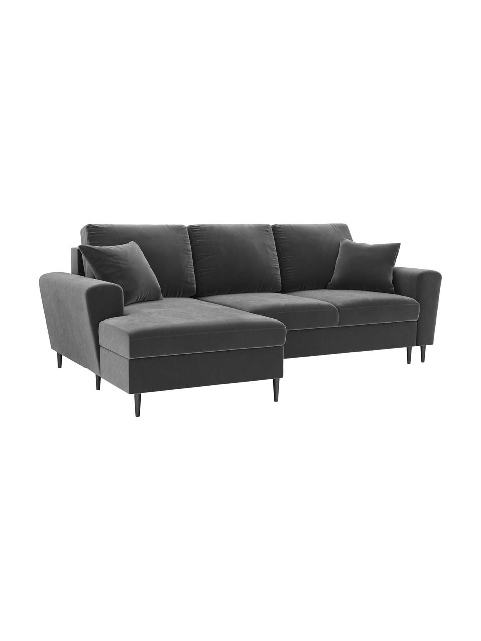 Divano letto angolare 4 posti in velluto grigio con contenitore Moghan, Rivestimento: velluto di poliestere Il , Struttura: legno di pino massiccio, , Piedini: metallo laccato, Velluto grigio, nero, Larg. 241 x Prof. 145 cm, chaise-longue a sinistra
