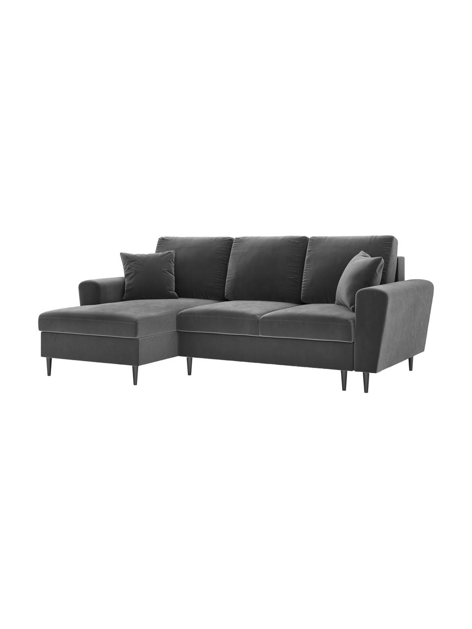 Sofa narożna z funkcją spania z miejscem do przechowywania Moghan (4-osobowa), Tapicerka: aksamit poliestrowy Dzięk, Stelaż: lite drewno sosnowe, skle, Nogi: metal lakierowany, Szary aksamit, czarny, S 241 x G 145 cm, lewostronna