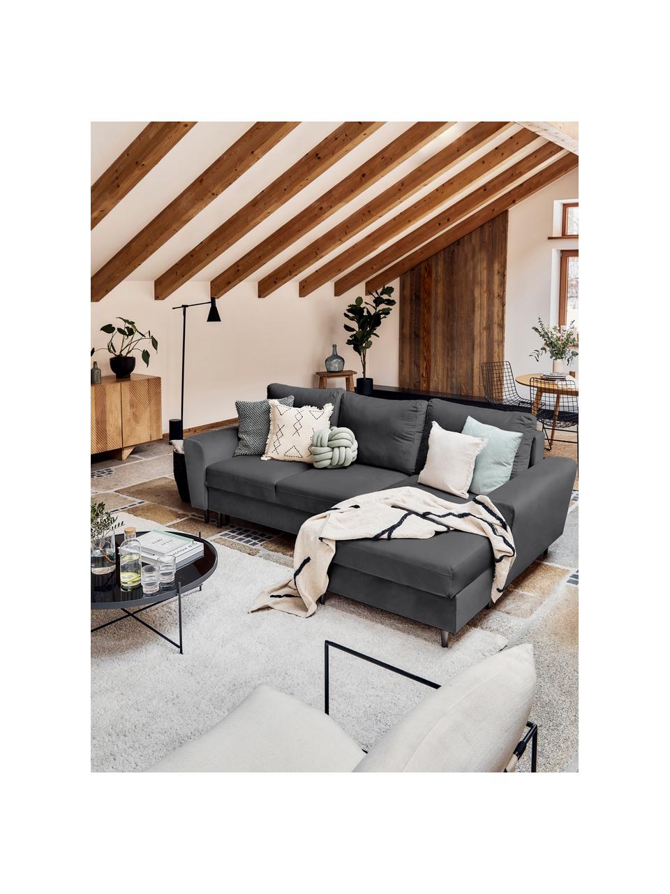 Sofá rinconera cama de terciopelo Moghan (4 plazas), con espacio de almacenamiento, Tapizado: terciopelo de poliéster A, Estructura: madera de pino maciza, ma, Patas: metal pintado, Terciopelo gris, patas negro, An 241 x F 145 cm, chaise longue izquierda