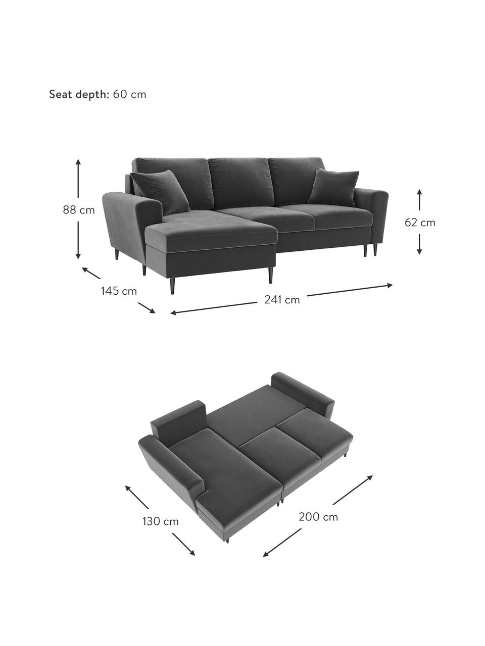 Canapé d'angle 3 places en velours avec fonction lit et rangement Moghan, Velours gris, noir, larg. 241 x prof. 145 cm, méridienne à gauche