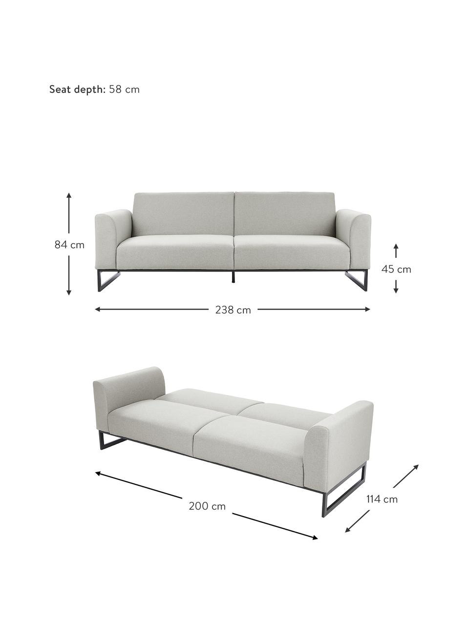 Canapé convertible 3 places Josephine, Tissu gris clair, larg. 238 x prof. 85 cm