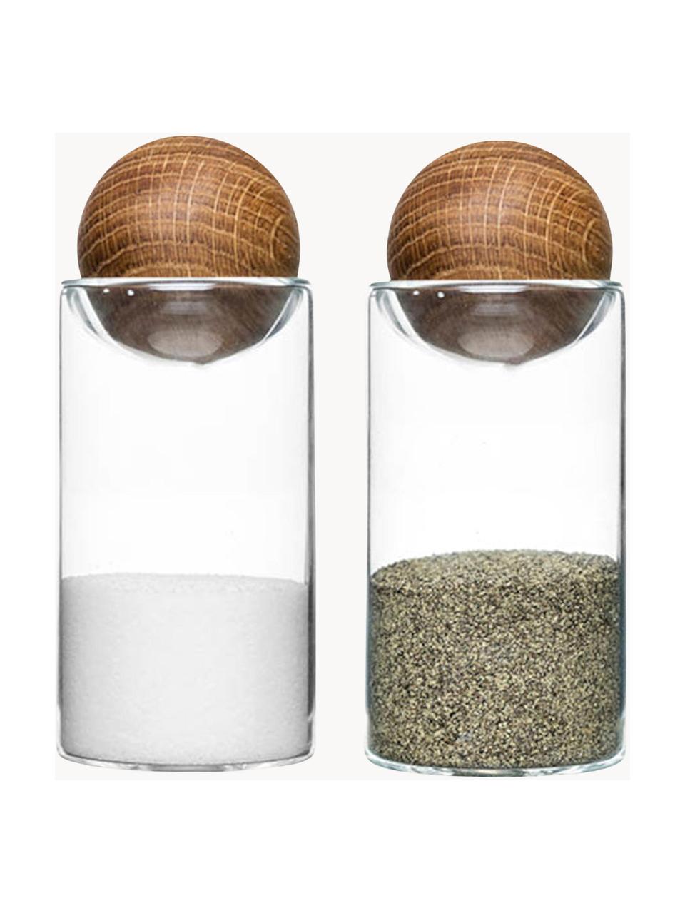 Mondgeblazen zout- en peperstrooier Nature met houten deksel, set van 2, Houder: mondgeblazen glas, Sluiting: eikenhout, Transparant, eikenhout, Ø 5 x H 12 cm