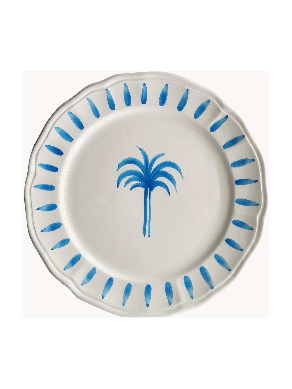 Assiette plate peinte à la main The Palms, Céramique, Blanc, bleu, Ø 32 cm